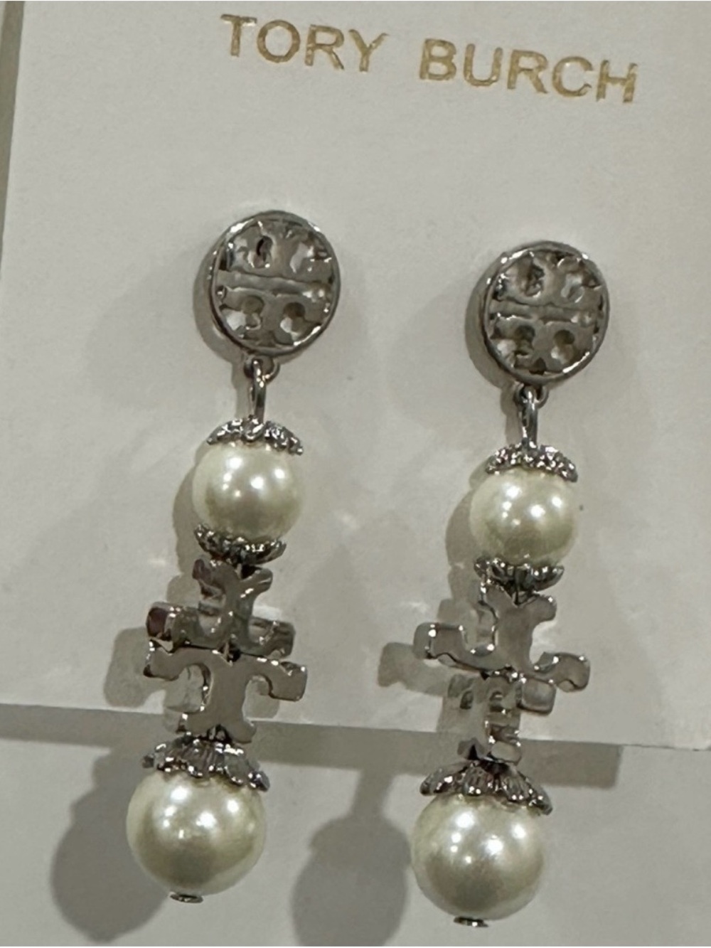 Tory Burch Pearl logo design earrings NWT, Silver Tone Matching set available
